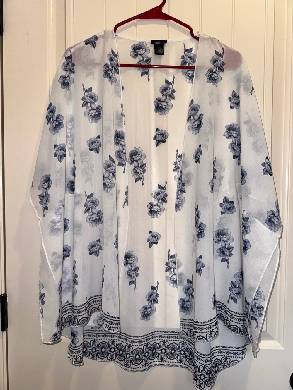 Rue21 White Sheer Floral Kimono with Navy Print